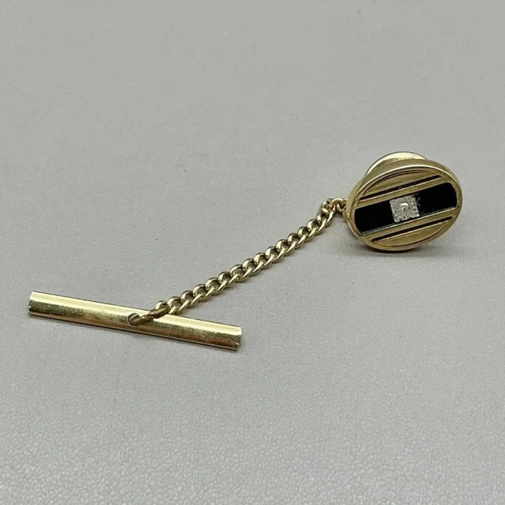 Vintage Gold Tone Genuine Diamond Black Onyx Tie Tack Men's Formal Jewelry Gift